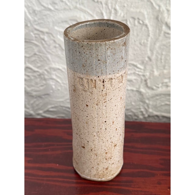 Cream Late 20th Century Studio Pottery Speckled Stoneware Cylinder Bud Vase With Blue Gray Rim For Sale - Image 8 of 8