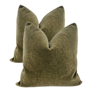 Plush Olive Green Down Filled Mohair Pillows - A Pair For Sale