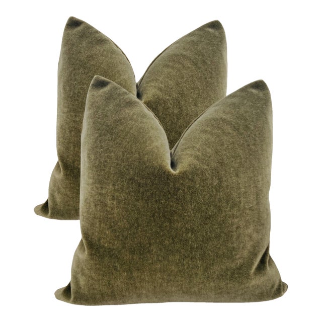 Plush Olive Green Down Filled Mohair Pillows - A Pair For Sale
