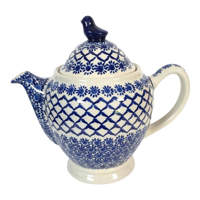 Vintage Boleslawiec Polish Pottery Teapot With Bird Finial For Sale