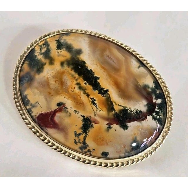 Vintage 9ct Yellow Gold Moss Agate Brooch, Sheffield, 1989 For Sale - Image 3 of 18