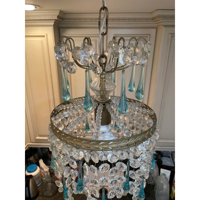 French 1920s French Gold Pendant Chandelier With Blue Raindrop and Crystals For Sale - Image 3 of 9