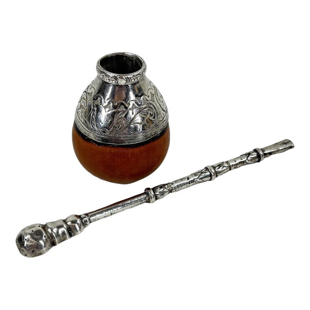 Antique South American 800 Silver & Hand-Chiseled Calabash Yerba Mate Set For Sale