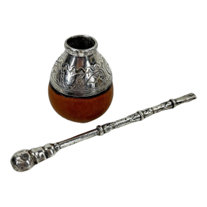 Antique South American 800 Silver & Hand-Chiseled Calabash Yerba Mate Set