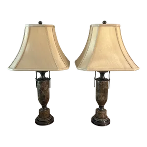 Late 20th Century Kaeder Tall Bronze Marble Table Lamps - a Pair