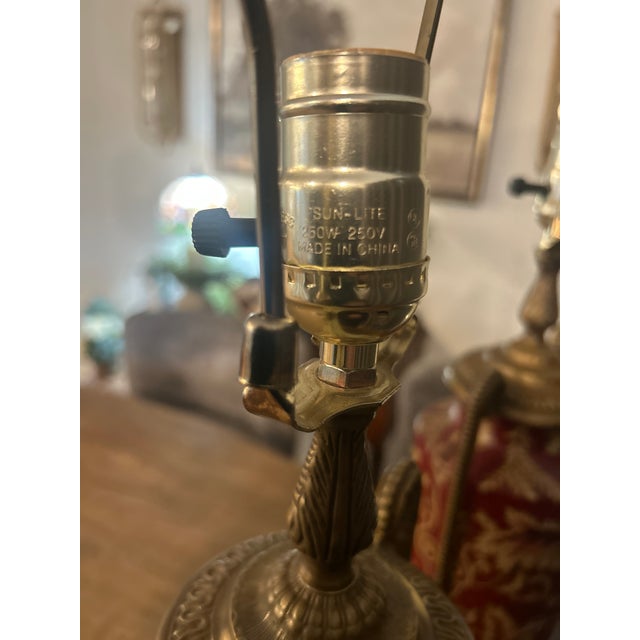 Pristine Mid 20th Century Japanese Moriage Porcelain & Brass Tall Lamps For Sale - Image 6 of 13