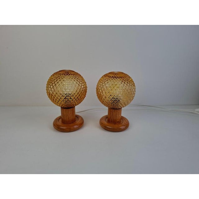 1980s Mid-Century Modern Table Lamps with Amber Glass and Wood Base, Czechoslovakia, 1980, Set of 2 For Sale - Image 5 of 17