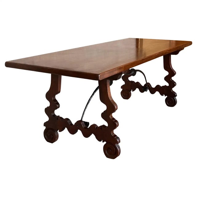 20th Century Spanish Baroque Carved Walnut Lyre Legs Trestle Dining Farm Table For Sale - Image 12 of 12