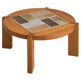 French Elm + Ceramic Round Coffee Table by Maison Regain, 1960s For Sale