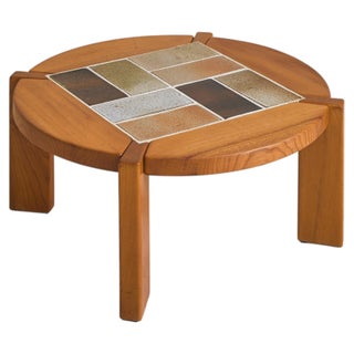 French Elm + Ceramic Round Coffee Table by Maison Regain, 1960s For Sale