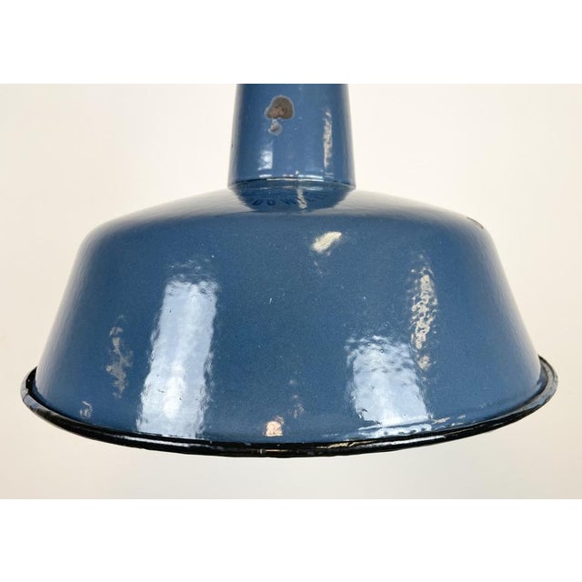 Industrial Blue Enamel Factory Lamp with Cast Iron Top, 1960s For Sale - Image 4 of 14