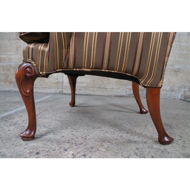 Wood Vintage Baker Queen Anne Style Mahogany Silk Striped Wingback Library Club Chair For Sale - Image 7 of 15