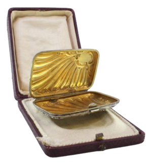 Art Nouveau Silver Cigarette Case with Reliefs and Monogram Card and Gold Interior