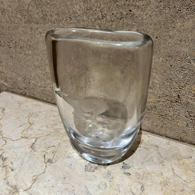 Mid-Century Modern 1970s Strombergshyttan Crystal Art Glass Vase Etched Deer For Sale - Image 3 of 12