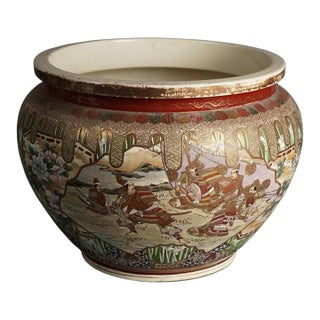 Antique Japanese Satsuma Pottery Floor Urn, Exterior Scene With Figures, C1920 For Sale