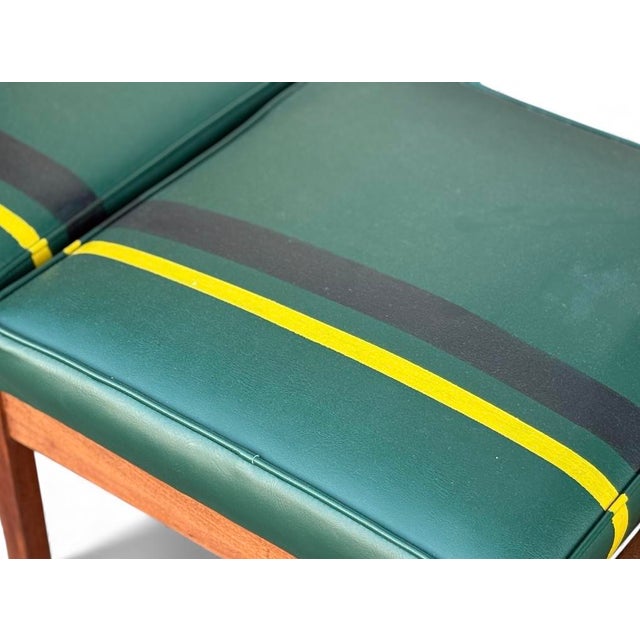 Vintage Mid-Century Modern Walnut and Green Leatherette Bench in British Racing Motif For Sale - Image 9 of 9