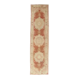 Antique Oushak Runner, Turkish and Oriental Rug, Handmade Beige and Orange Rug