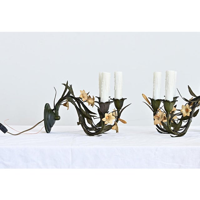 Metal Vintage Italian Tole Floral Wall Sconces - a Pair For Sale - Image 7 of 11