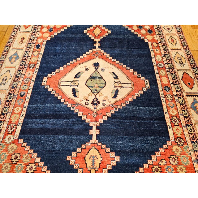 Vintage Turkish Azeri Rug, Hand-Knotted Handspun Wool, Geometric Serapi Pattern, Vegetable Dyes, Navy & Red, 8x11 For Sale - Image 12 of 15