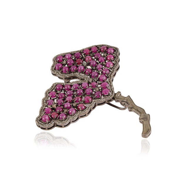 Art Deco Style Tutti Frutti Ruby & Diamond Ginkgo Leaf Brooch Pendant in Sterling Silver For Sale - Image 4 of 15