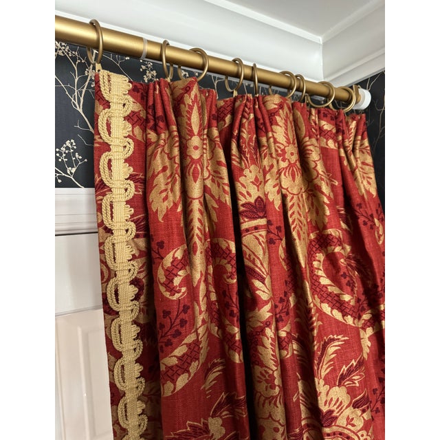 Custom Interlined Linen Damask Pinch Pleat Drapery Panels – Red & Gold, 68 X 94 Pair For Sale - Image 4 of 7