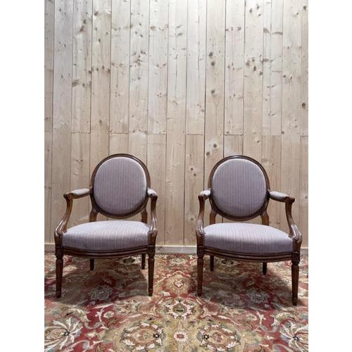 Brown Large Louis XVI Medallion Armchairs, Set of 2 For Sale - Image 8 of 8