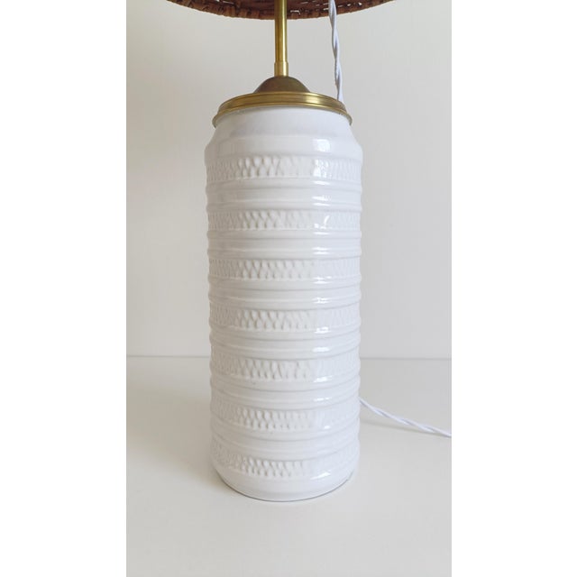 Mid-Century Marbella Style White Ceramic, Brass and Wicker Table Lamp from Carstens Tönnieshof, 1960s For Sale - Image 4 of 15