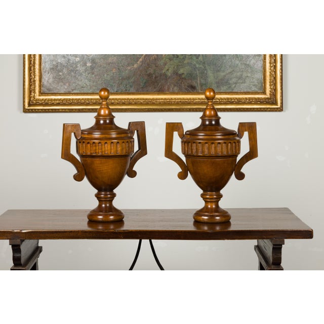 Wood Pair of Midcentury English Carved Walnut Lidded Urns with Large Handles For Sale - Image 7 of 11