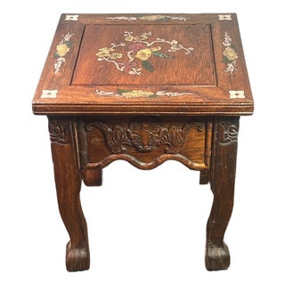 Chinese Rosewood Stool With Mother of Pearl Inlay, Carved Bat Motif Square Plant Stand For Sale