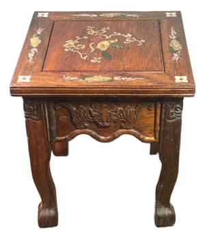 Chinese Rosewood Stool With Mother of Pearl Inlay, Carved Bat Motif Square Plant Stand