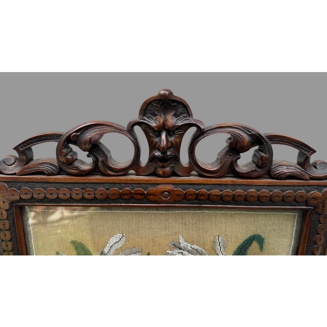 Antique Victorian Carved Walnut Firescreen With Floral Beaded Needlework Panel For Sale - Image 12 of 12