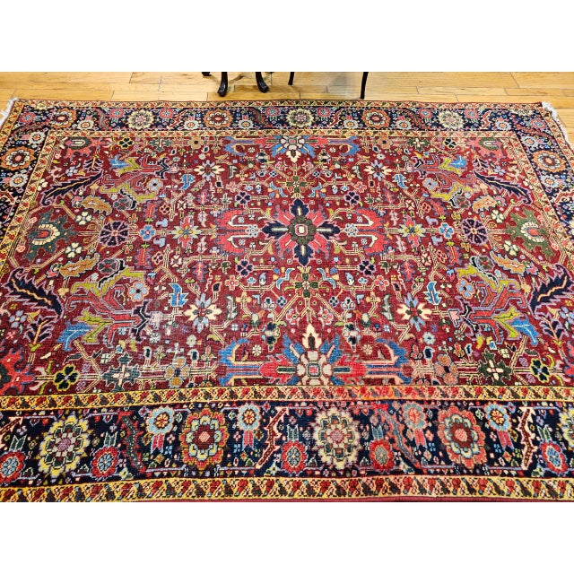 Persian Vintage Persian Heriz Serapi Rug, Hand-Knotted Wool, All-Over Geometric Pattern, Red & Navy, 7x10 For Sale - Image 3 of 14