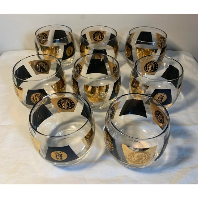 Mid-Century Modern 1960’s Vintage Roman Gold and Black Glass Tumblers / Rocks Glasses- Set of 8 For Sale - Image 3 of 8