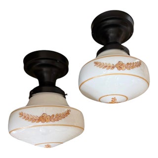 Antique Leaf and Flower Motif Flushmounts Light Fixtures - a Pair For Sale