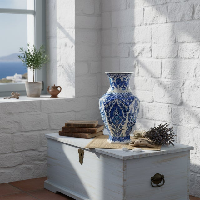 Turkish Handmade Ceramic Faceted Vase (30cm) Hexagonal Blue and White Cypress & Tulip Pattern For Sale - Image 3 of 8