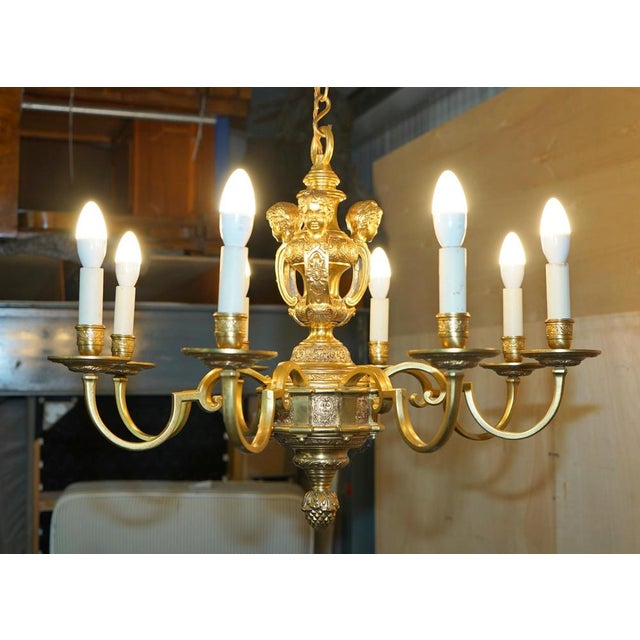 Rococo Antique French Rococo Gold Gilt Brass Eight-Branch Cherub Chandelier, 1900s For Sale - Image 3 of 18