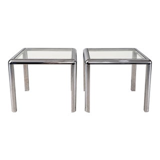 1970s Milo Baughman Style Chrome and Glass End Tables — A Pair For Sale