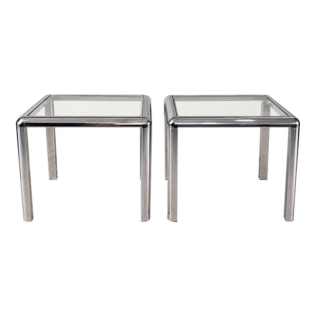 1970s Milo Baughman Style Chrome and Glass End Tables — A Pair For Sale
