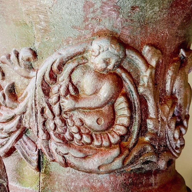 Victorian Large Ornate Antique French Cast Iron Urn With Cherub and Pheasant Design For Sale - Image 3 of 11