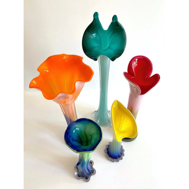 Glass Vintage 1990's Post Modern Hand Blown Art Glass Multicolor Ombre Flowers Contemporary Vases - Set of 5 For Sale - Image 7 of 13