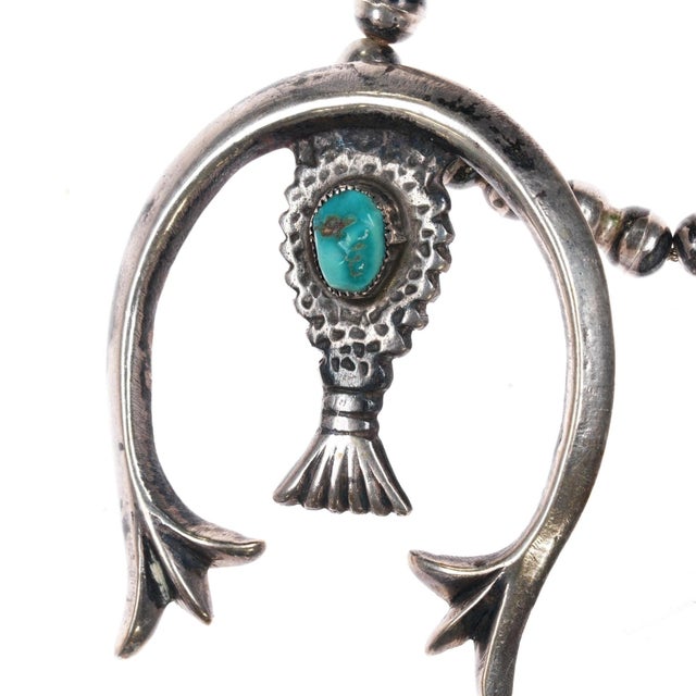 27" C1960's Native American Cast Silver and Turquoise Squash Blossom Necklace For Sale - Image 4 of 9