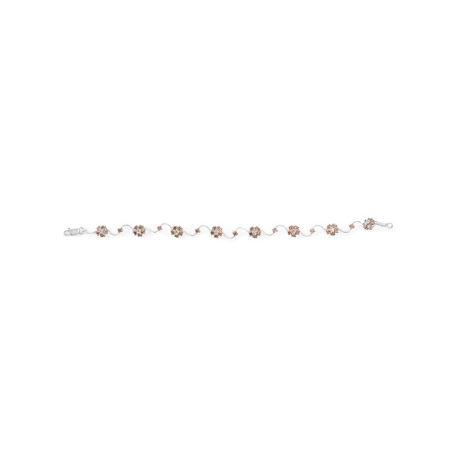 10K White Gold 4.0 Cttw Champagne and White Diamond Floral Cluster and Station Link Bracelet For Sale - Image 4 of 6
