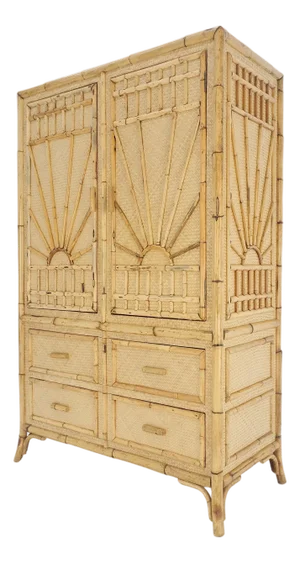 Burnt Bamboo Grass Cloth Two Doors Chifforobe Cabinet Gentleman's Chest Dresser