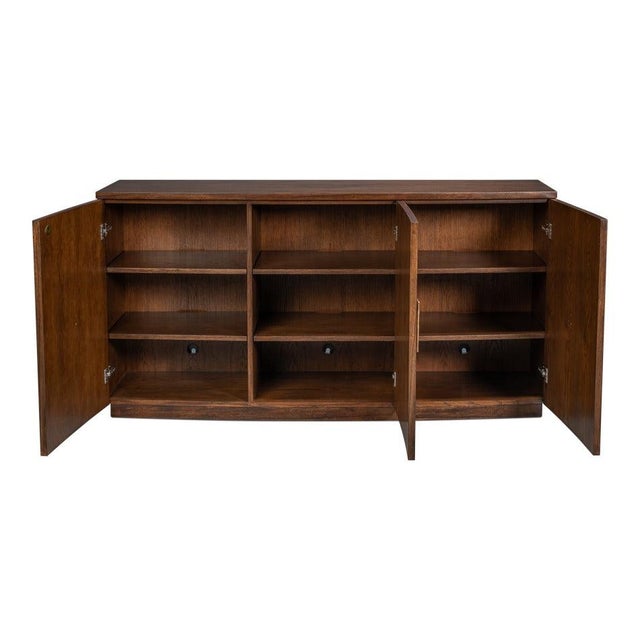 Contemporary Modern Bowfront Walnut Credenza - Sculpted Stainless Pulls For Sale - Image 3 of 12