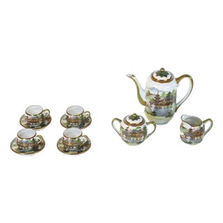 7 Pc. Set Tea Pot Sugar Bowl Cups Saucers Porcelain Antique Japanese Kutani Eggshell Porcelain Lithophane Geisha - 11 pcs For Sale
