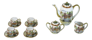 7 Pc. Set Tea Pot Sugar Bowl Cups Saucers Porcelain Antique Japanese Kutani Eggshell Porcelain Lithophane Geisha - 11 pcs