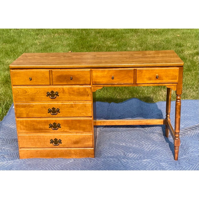 1970s Compact Solid Hardwood Writing Desk by Ethan Allen – Warm Minimalist Silhouette For Sale - Image 16 of 16
