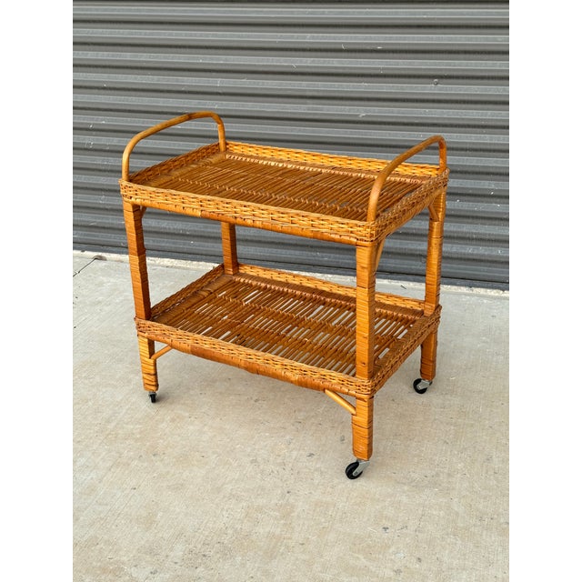 1970s C. 1970s Mid Century Modern Italian Franco Albini Style Rolling Bamboo Bar Cart For Sale - Image 5 of 11