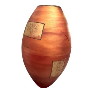 Designed Art Glass Vase Hand-Painted, With Raised Metal Browns & Golds Coloring, Abstract Contemporary Design, With Art Nouveau Influence For Sale