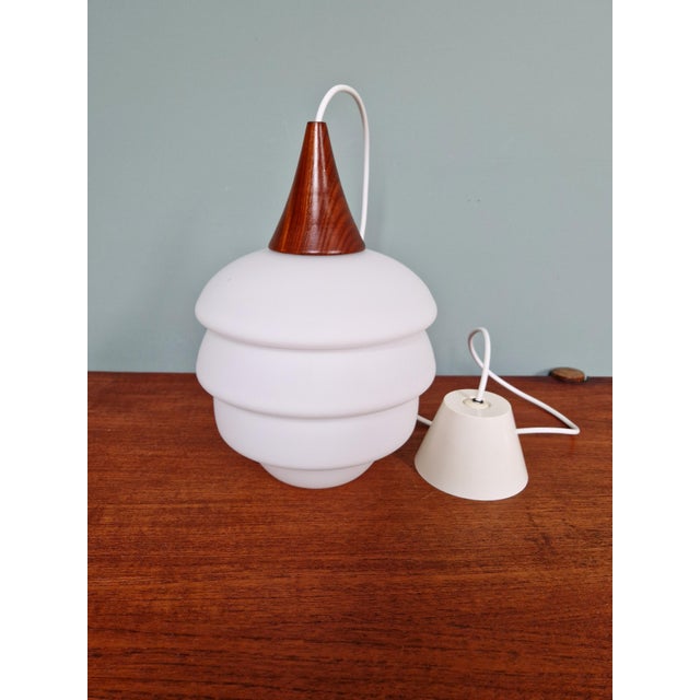 Scandinavian Teak and Opaline Suspension by Louis Kalff, Philips, 1960s For Sale - Image 9 of 12